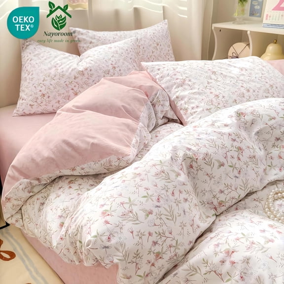 NAYOROOM Pink White Orchid Pattern 100% Cotton Duvet Cover Queen Set, 3PCS Reversible Aesthetic Botanical Soft Comforter Cover