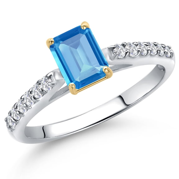 Gem Stone King 10K Two Tone Gold Swiss Blue Topaz and Lab Grown Diamond Engagement Ring for Women | 0.88 Cttw | Octagon 6X4MM | Gemstone November Birthstone | Size 5