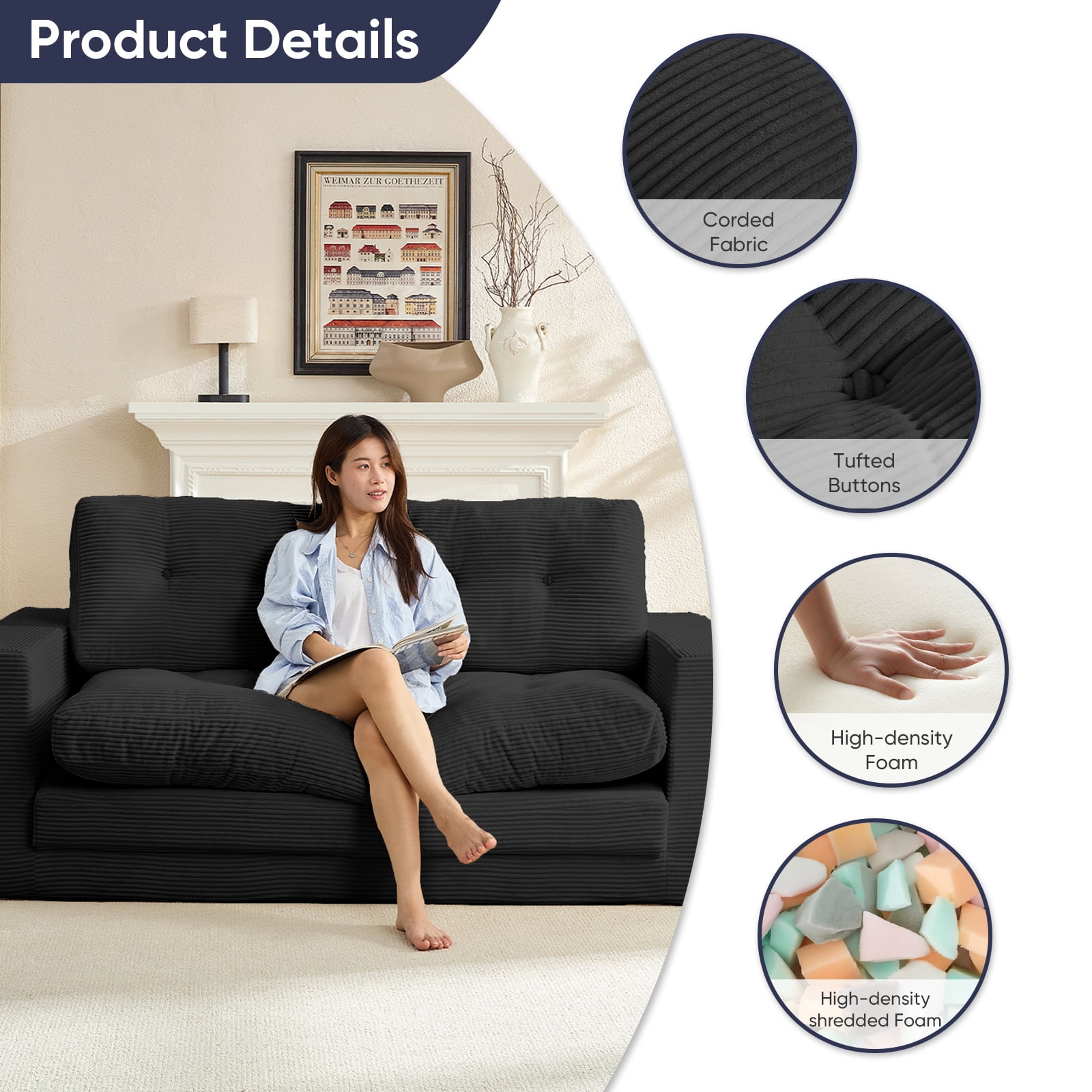 ZAFLY 2 in 1 Convertible Loveseat, Futon Sleeper Sofa Bed, Floor Couch for Small Space - Black
