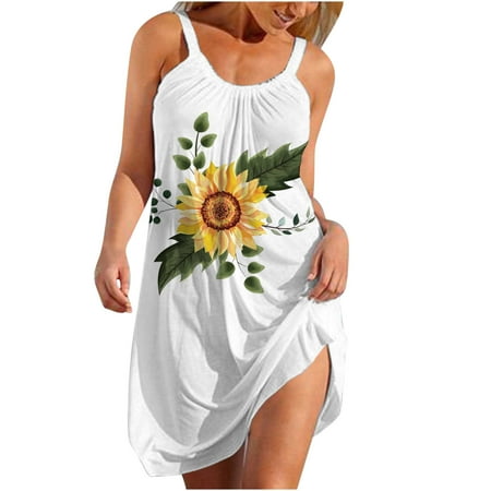 

Juebong Women s Fashion Sexy Sleeveless Cute Cartoon Sunflower Print Hem Loose Beach Dress