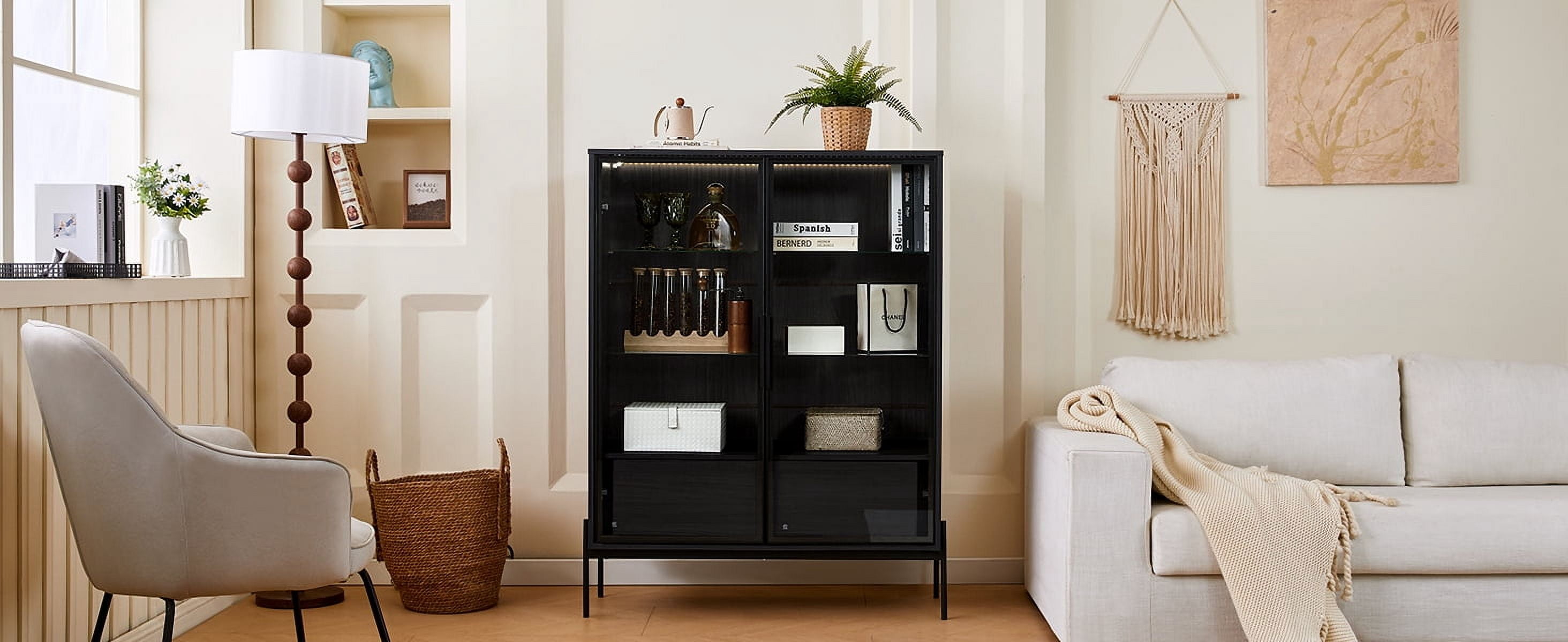 Euroco Modern LED Lighted Glass Display Cabinet with Drawers and Aluminum Frame Doors, 4 Adjustable Glass Shelves, 39.8” Wide Showcase