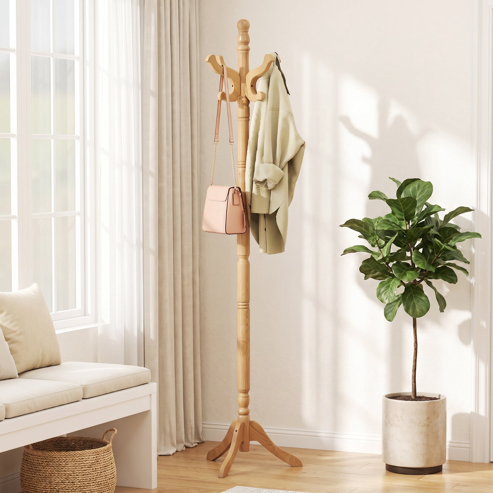 Furnibear Solid Wood Hall Tree Coat Rack with 11 Hooks and 3 Height Options for Entryway and Hallway and Office, Natural
