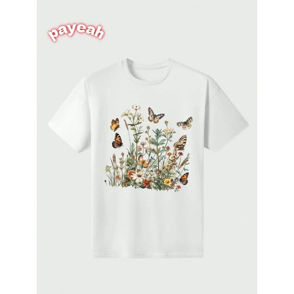 Payeah Vintage Butterfly T-shirt Double Sided Casual Digital Print pure heavy cotton T shirt 100% cotton
