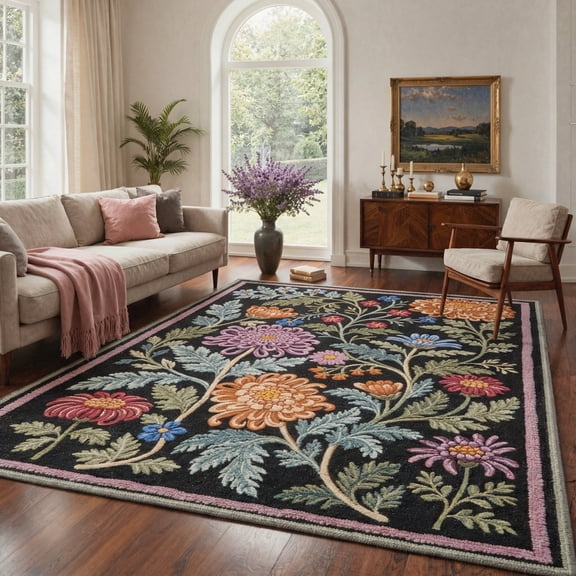GENIMO 5'x7' Area Rug for Living Room, Machine Washable Non Slip Low Pile Rug for Bedroom Dining Room, Modern Floral, Dusty Black