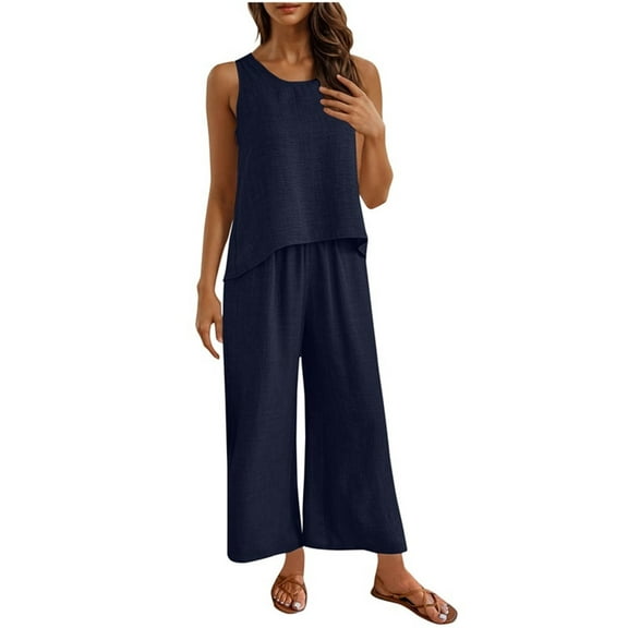 Dvprdro Fashion Solid Hollowout 2 Piece Oufits Sets for Women Casual Pajamas Sets Crew Neck Tank Top and Wide Leg Pants Lounge Sets Dark Blue Sizes XL