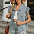 thumbnail image 4 of Miqool Women's Ruffled Sleeve Denim Vest Waistcoat Button Down Sleeveless Jean Jacket with Pockets Western Clothes, 4 of 9
