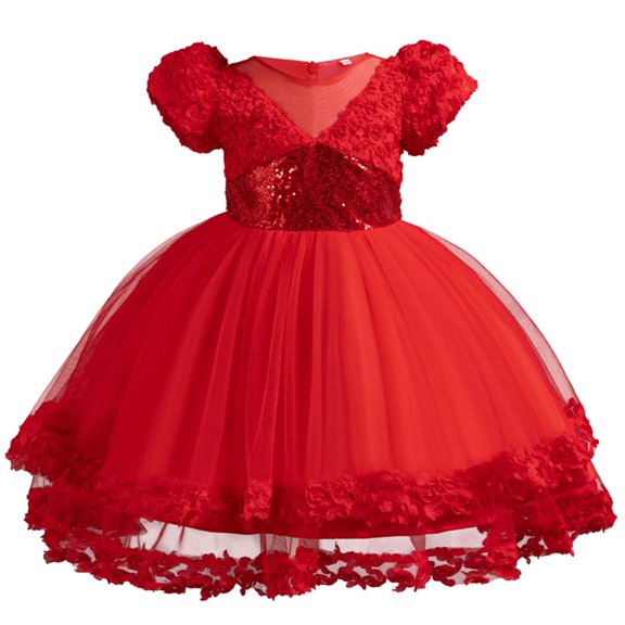 IFNWSV Girls Dresses Kids Glitter Netting Princess Dress Short Sleeve Gown Dress Red 9-10 Years