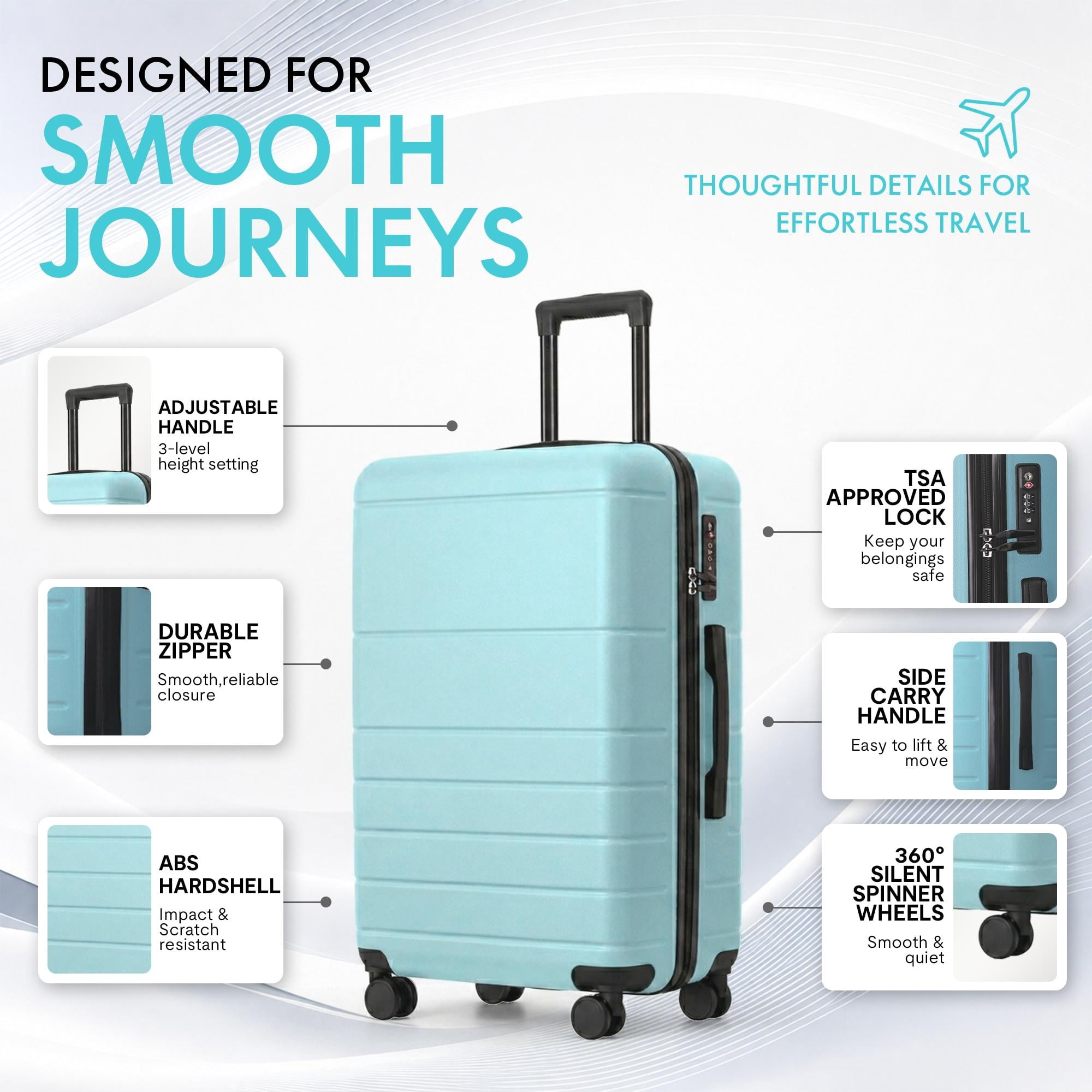 3-Piece ABS Hardshell Luggage Set, Lightweight Scratch-Resistant Suitcases with Silent Spinner Wheels & TSA Lock, Sky Blue