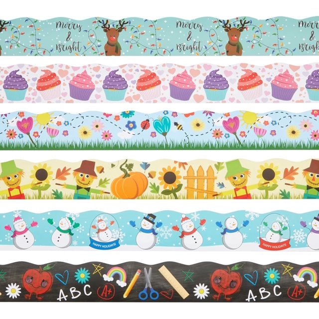 Czcpp-6-Rouleaux 234 Pieds de Bordures de Tableau d'Affichage Festonné pour Décoration de Classe, Tableau Blanc, Tableau Noir, Décorations Scolaires, 6 Designs Assortis pour Fournitures pour Enseignants (78 Pcs)