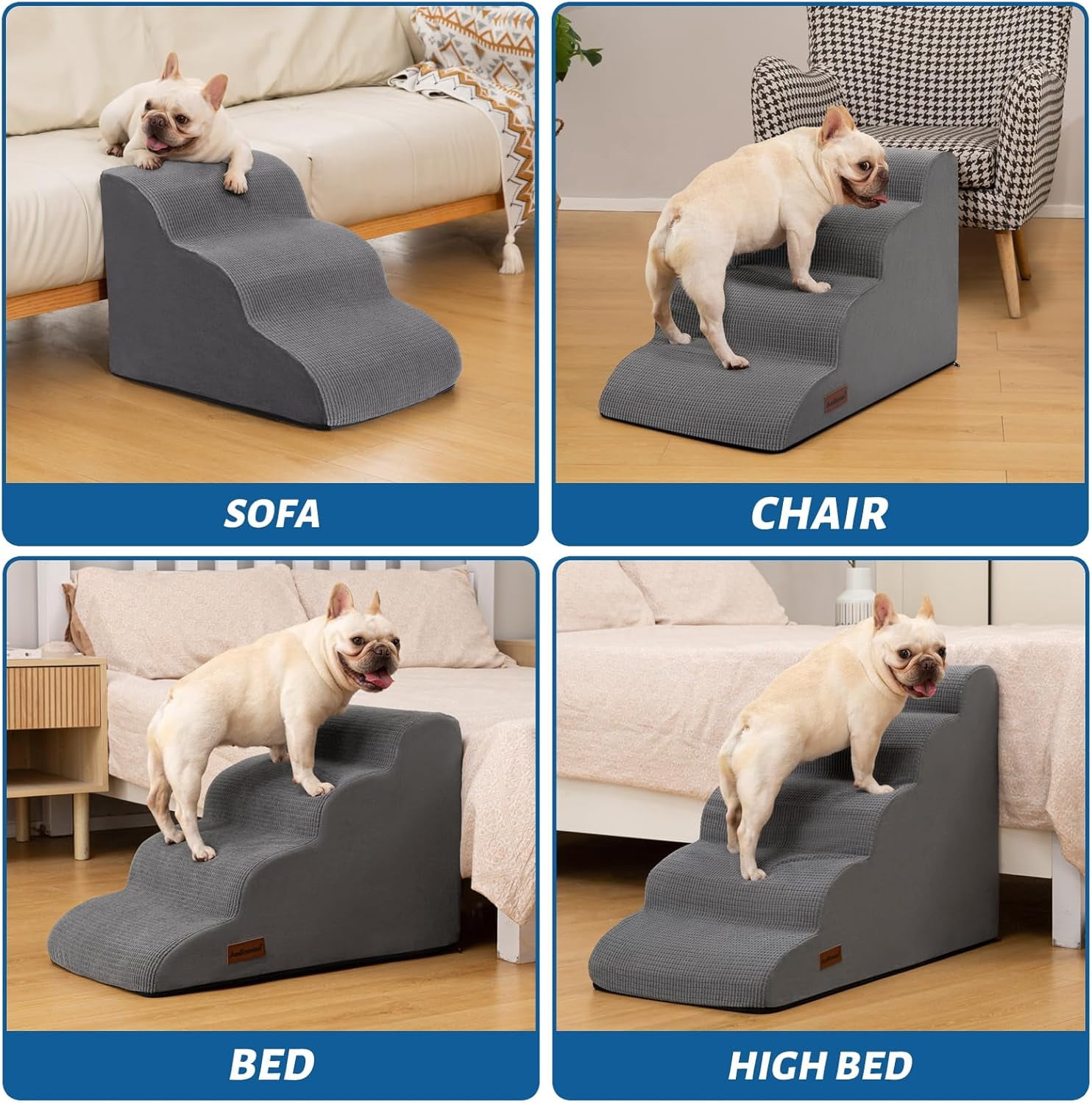 3 Tiers Dog Ramp and Stairs for Beds Or Couches - Non-Slip Sturdy Pet Steps - for Small Dogs to get on High Bed