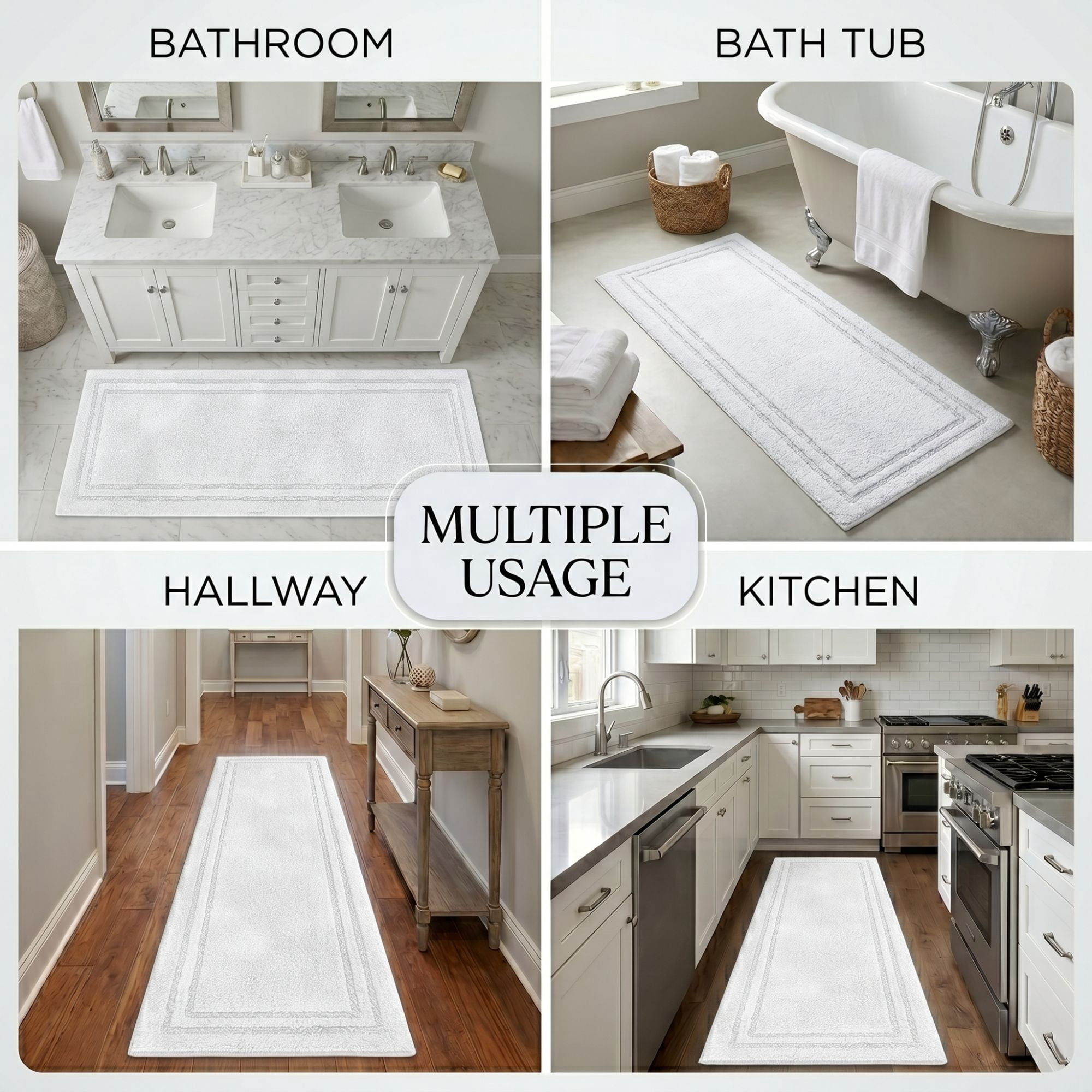Superior Solid Bordered Cotton Washable Non-Slip Bath Rug, Runner Size, White