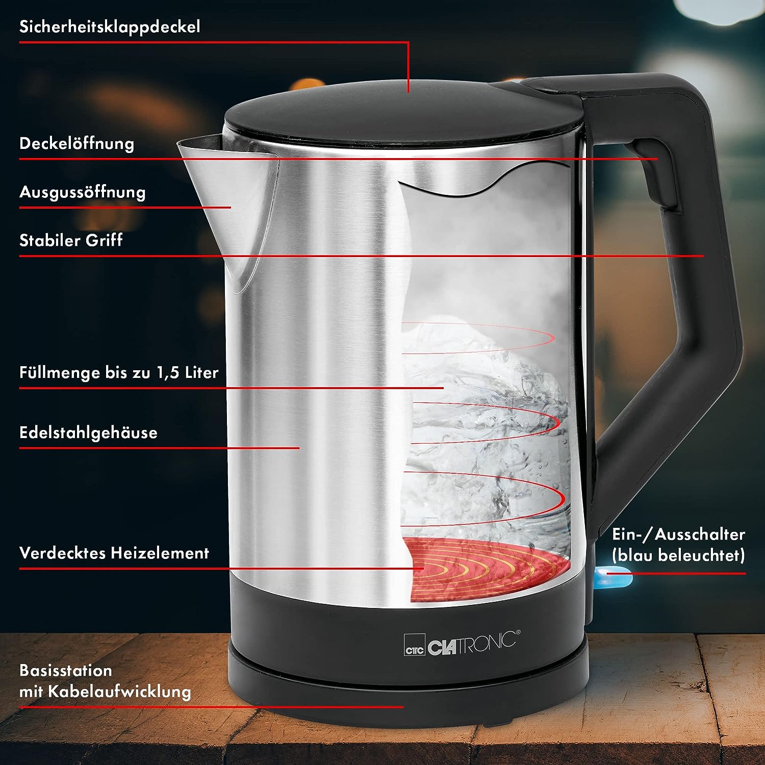 Clatronic WKS 3692 electric kettle 1.5 L 2200 W Black, Stainless steel