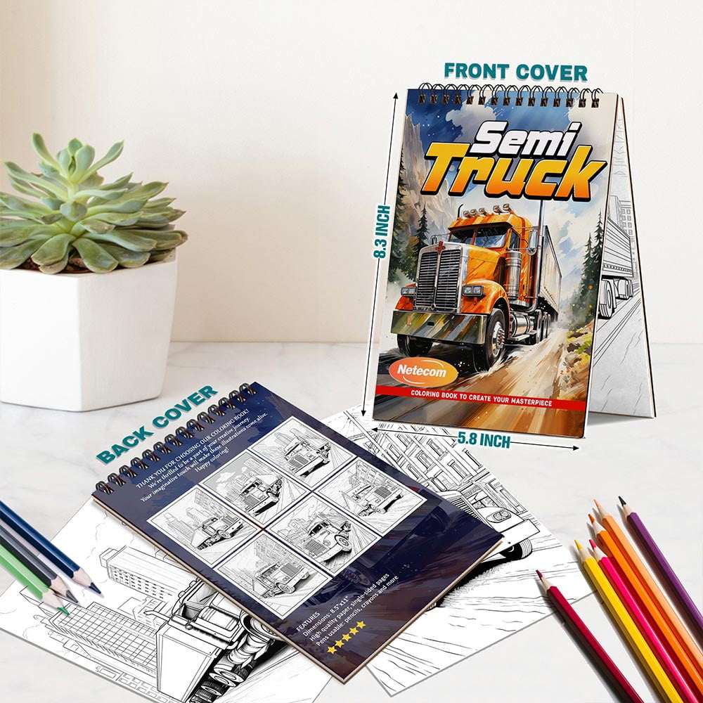 Semi Truck Coloring Book Spiral Bound For Adults, A5 Wooden Cover, 30 Stunning Coloring Pages of Heavy Duty Trucks for Stress Relief and Relaxation