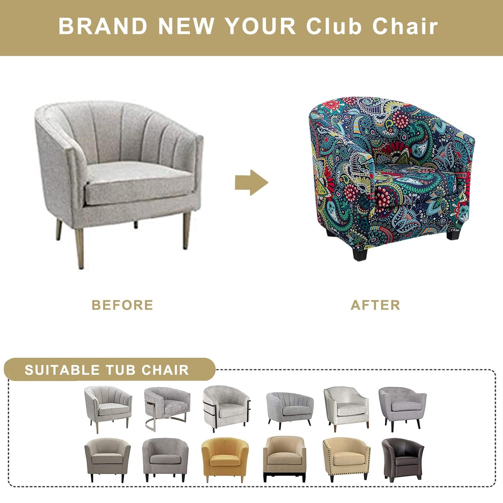 LKJYER Club Chair Slipcover 2 Piece Tub Chair Slipcover Stretch Barrel Chair Covers Printed Armchair Covers Removable Sofa Cover Couch Furniture Protector Arm Chair Cover for Living Room