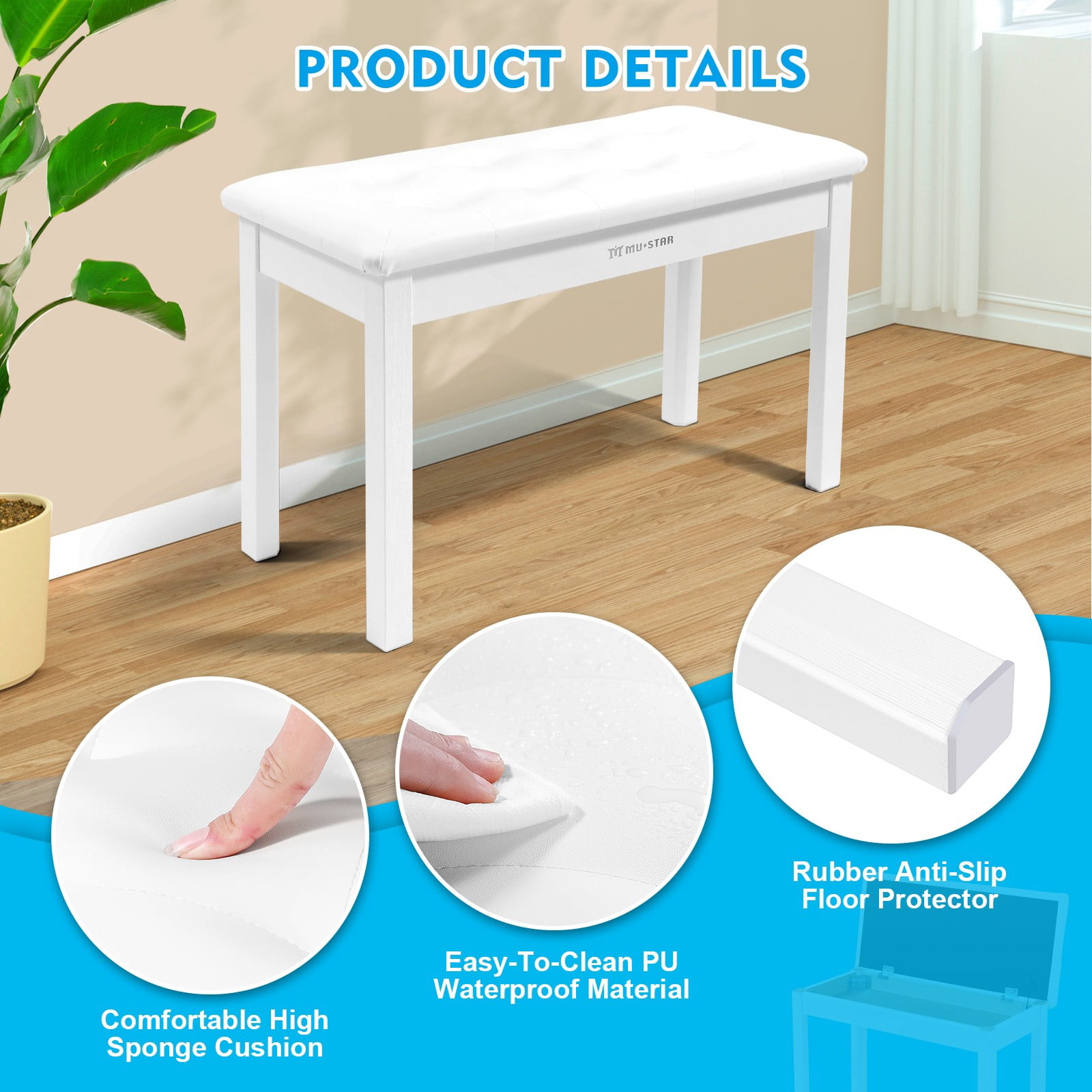 Mustar Duet Piano Bench Wood Stool with Storage, Padded Cushion for Keyboard Piano (White)