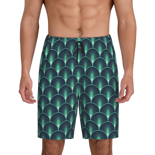 Balery Green Vintage Peacock Pantalones cortos de pijama de punto de algodón para hombre con cinturilla y bolsillos-4X-Large