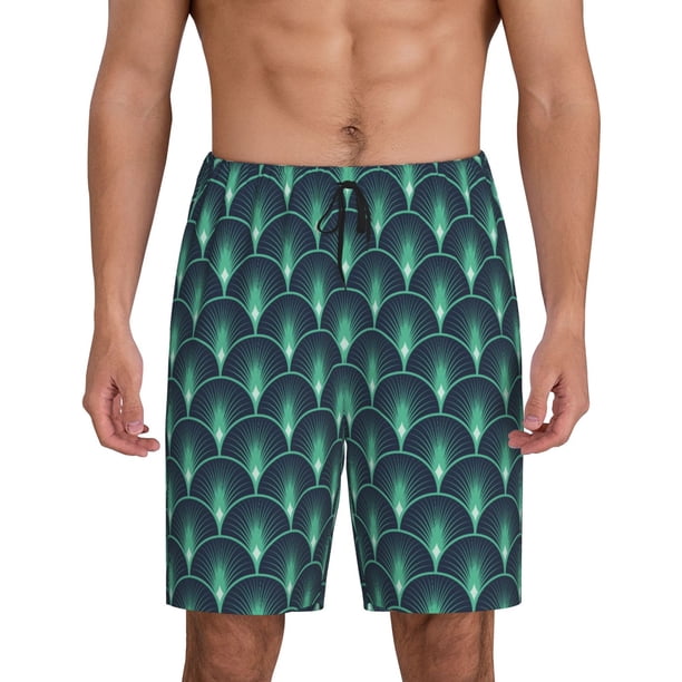 Balery Green Vintage Peacock Pantalones cortos de pijama de punto de algodón para hombre con cinturilla y bolsillos-Small