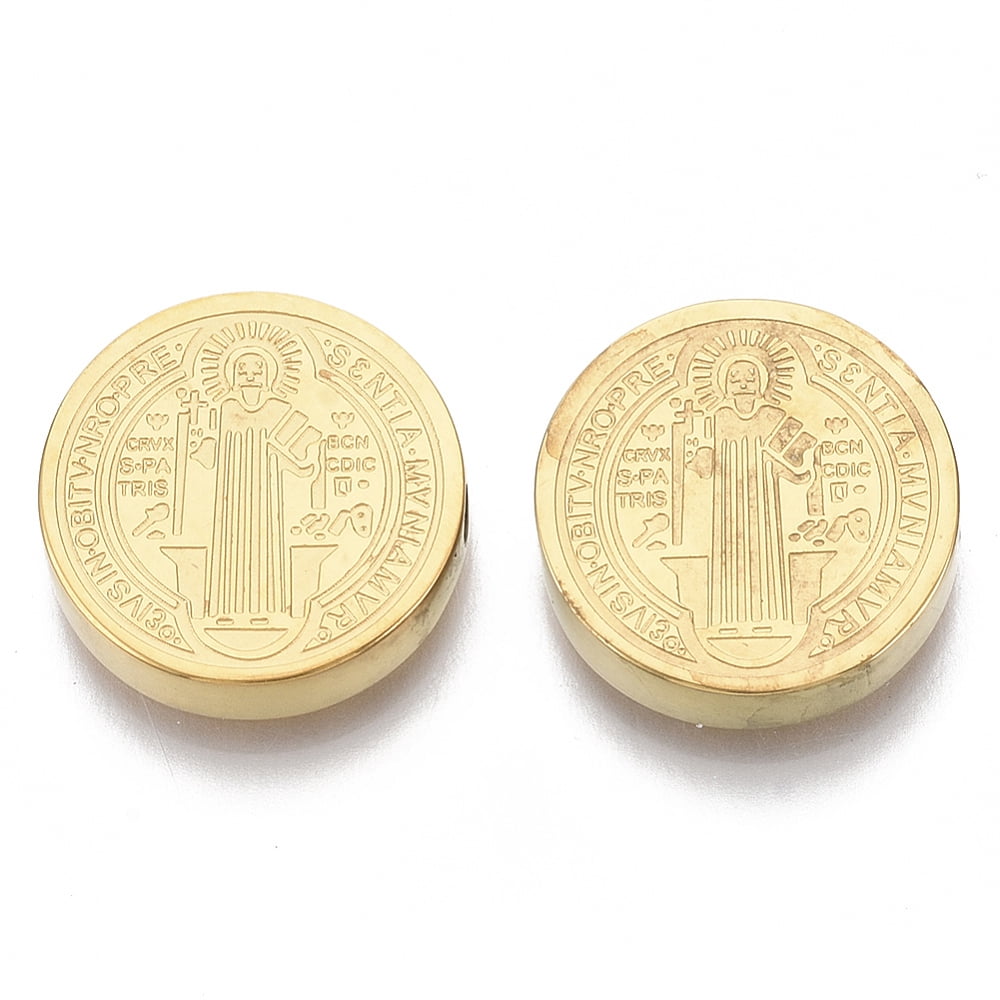 50 pc PVD Vacuum Plating 304 Stainless Steel Beads Flat Round with Saint Benedict Medal Golden 14.5x3mm Hole: 2mm