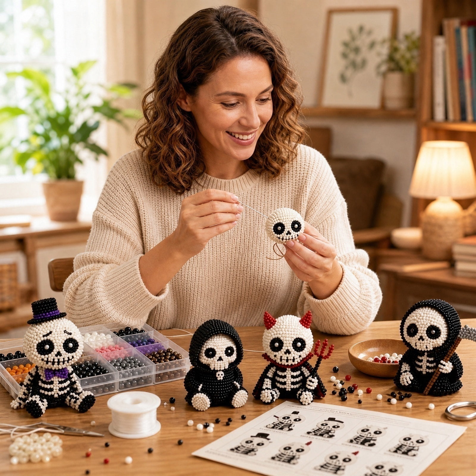 3D Beaded Skeleton DIY Kit, Cute Skeleton Bead Craft Set, Beginner Friendly Halloween Beading Set with Instruction, Handmade Skeleton Figurine Making Kit for Home Decor