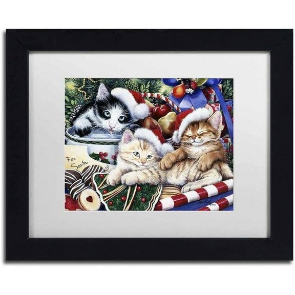 Trademark Fine Art 'Meowy Christmas 2' Canvas Art by Jenny Newland, White Matte, Black Frame