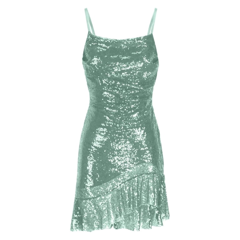 Sequin Homecoming Dresses for Teens Short Cowl Neck Formal Dress Spaghetti  Straps Ruffle Hem Cocktail Dress Mint Green XL