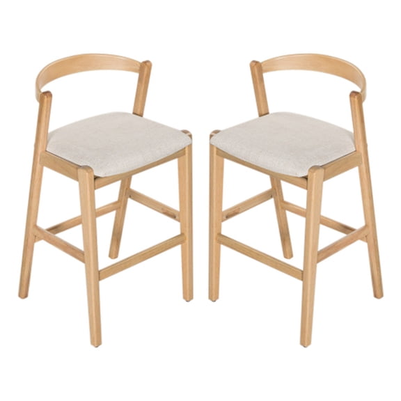 Indoor Rubberwood Barstool, Natural Finished and Beige Upholstery, Set of 2