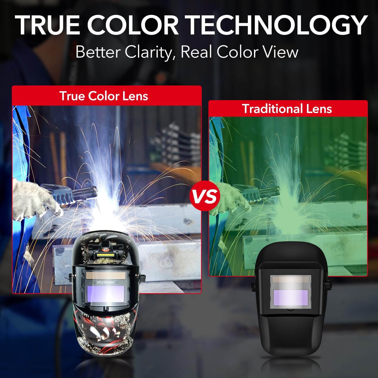 TRQWH Auto Darkening Welding Helmet with Light True Color 1/1/1/2 Top Optical Clarity Wide Shade 9-13 Universal
