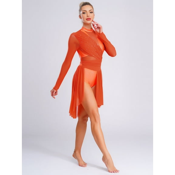iiniim Women's Lyrical Dance Dress Long Sleeve Ruched Ballet Skirt Leotard Contemporary Dancewear Orange M