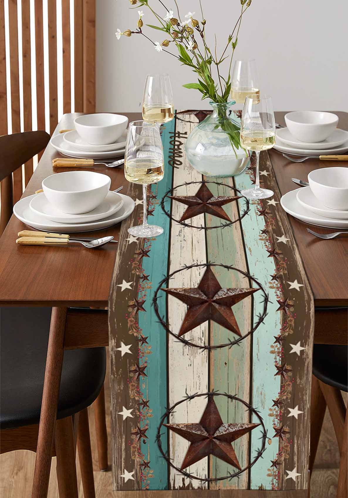 nqOlkjepod West Texas Star Rustic Table Runner 72 Inches Long Farmhouse Dress Scarves, Farmhouse Teal Green Wood Plank Dining Tablerunner for Coffee Table/Kitchen Island/Party Décor, 13" x 72"
