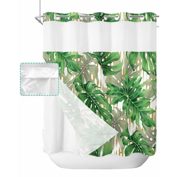 No Hook Shower Curtain with Snap in Liner, Summer Green Tropical Plant Leaves Hotel Shower Curtains for Bathroom, Washable Shower Curtain Liner Set with Mesh Top Window, 66"x72"