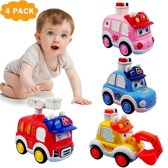 EIMELI 4PCS Toddler Push Go Cars Toy Wind Up Cars -Can Change Expression -Ambulance, Engineering Vehicle, Police Car, Fire Truck - Sensory Baby Car Toy Set