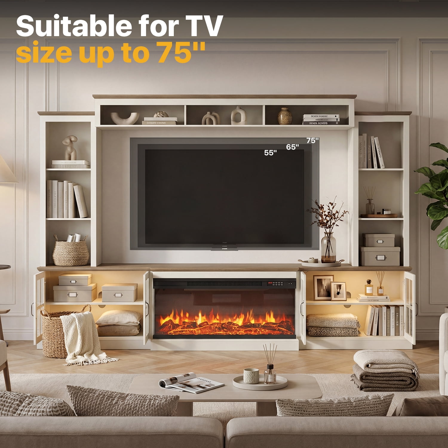 Sonegra 98" Farmhouse Entertainment Center with 36" Fireplace, TV Stand, Bookshelf, Cabinet, Fits TVs up to 75", Media Console with Power Outlets and Barn Doors for Living Room, White