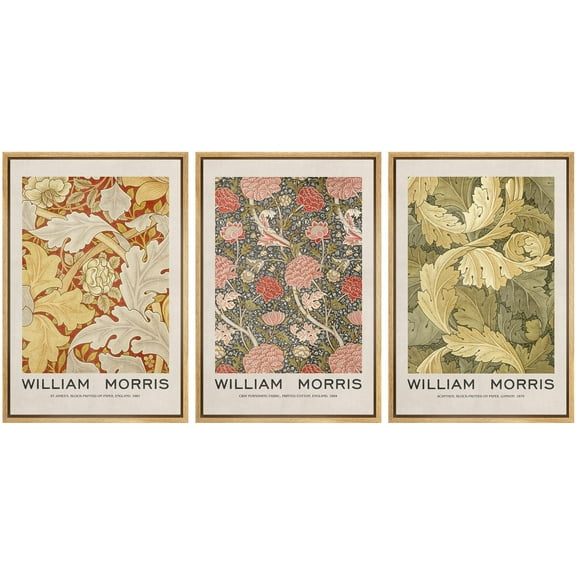 IDEA4WALL Framed Canvas Print Wall Art Set of 3 Floral Tapestry Collage Art By William Morris Botanical Flowers Floral Illustration Prints Art Vintage Artwork for Room Decor -