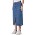 thumbnail image 4 of INSPIRE CHIC Women's Denim Front Slit Raw Hem High Waisted Stretch Midi Jean Skirts L Blue, 4 of 6