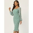 thumbnail image 2 of Vestido de mujer Allegra K floral con cuello cuadrado volantes mangas farol ajustado elegante sirena fruncido Verde Claro L, 2 of 6