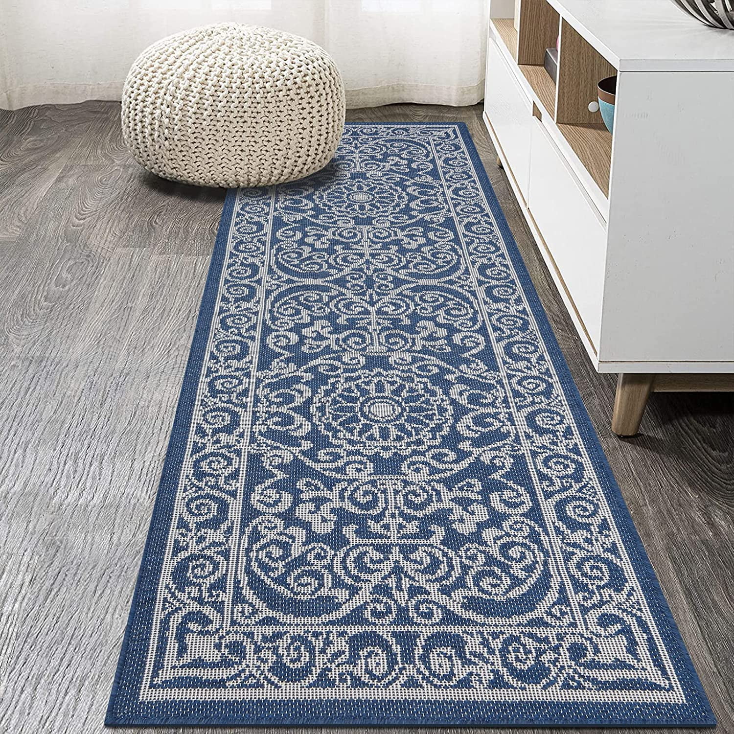 MeyJey 2'x6' Indoor Outdoor Area Rug, Boho Floral Textured Weave Runner ...