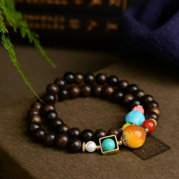 8mm Tiger Stripe Agarwood Bead Bracelet Double Layer Wooden Prayer Bracelet for Men Women Meditation Jewelry