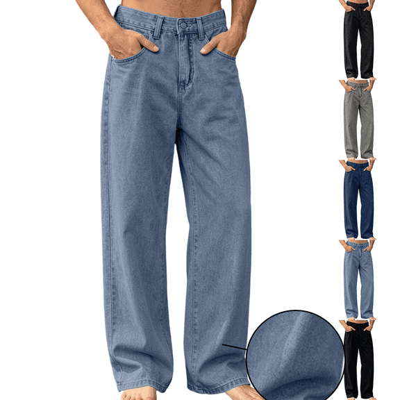 Frnrwgo Mens Women Jeans Loose Straight Wide Leg Drawstring Elastic Waist Casual Daily Denim Pants