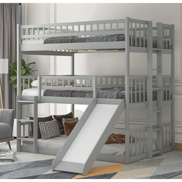 Triple Bunk Beds With Slide Wooden, Toddler Proof Bunk Bed Ladder