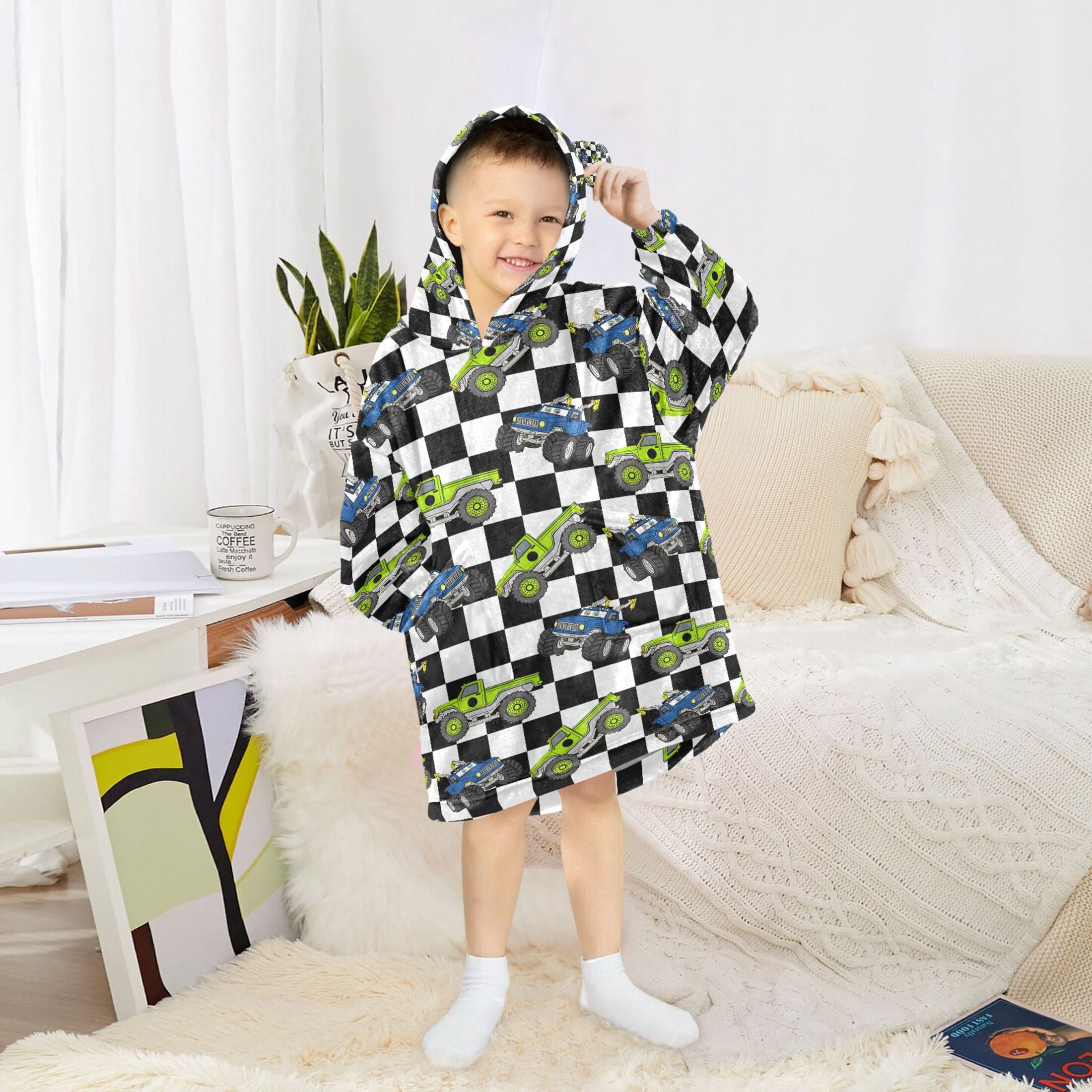joogoo Wearable Blanket Hoodie for Cartoon Vehicle Car Checkered Flannel Sherpa Pocket 3-14 YR S