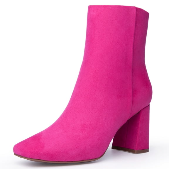 JORYA Women's Square Toe Chunky Heels Side Zipper Pink Ankle Boots