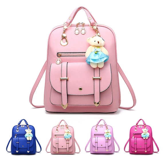 Stylago Womens Trendy Leather Backpack Purse Multiple Pockets Travel Shoulder Daypack Students Mini Schoolbags with Bear Pendant Blue