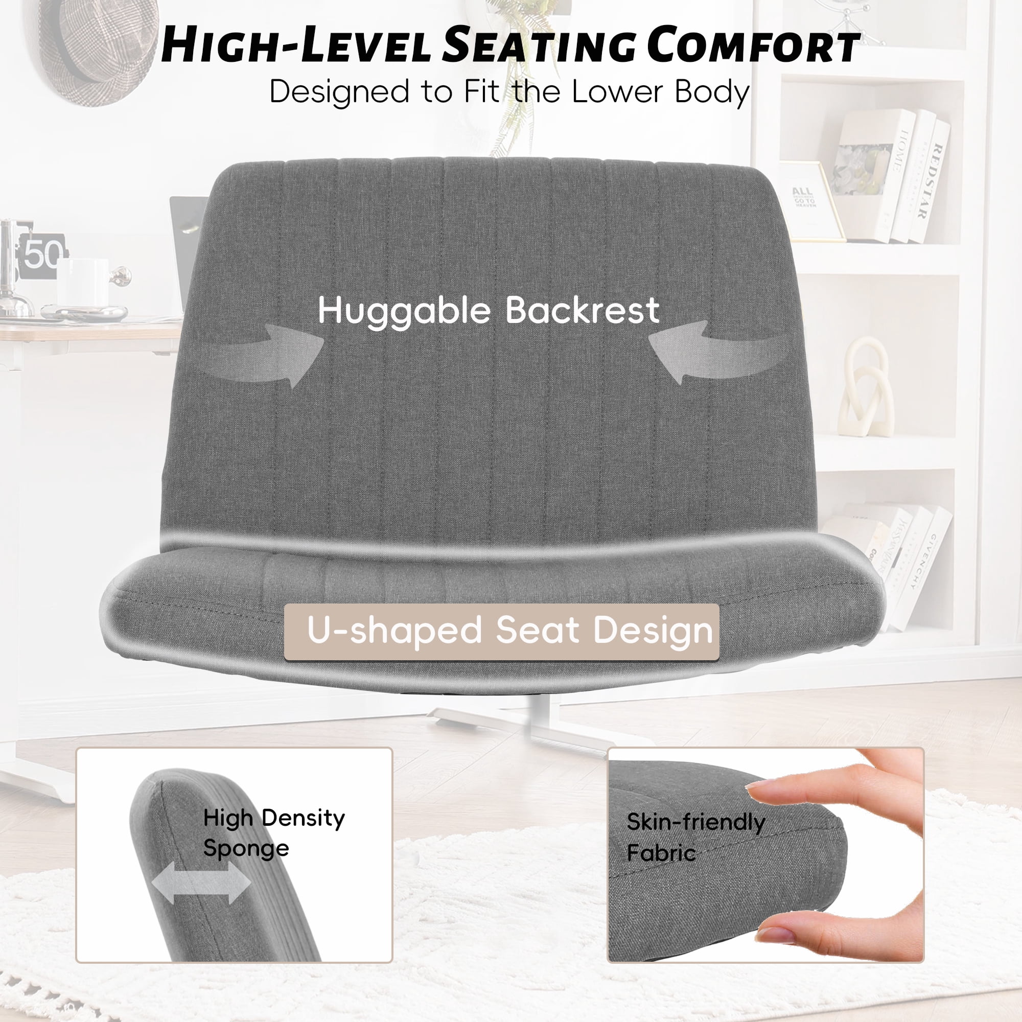 CL.HPAHKL Criss Cross Chair, Height Adjustable Comfy Computer Task Seating Modern Makeup Vanity Chair with Back No Wheels Armless Fabric Wide Desk Chair for Bedroom, Home Office (1, Grey)