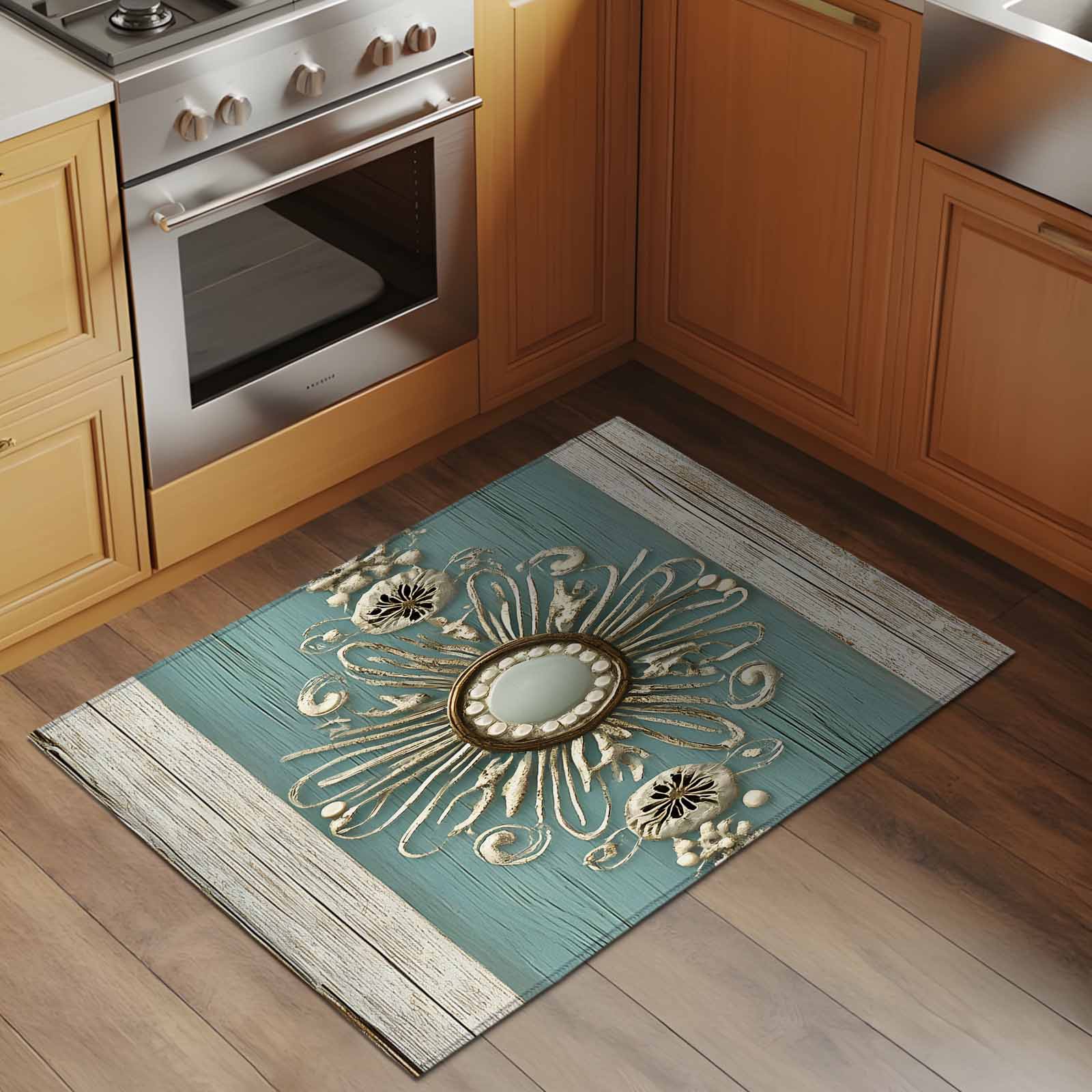 Bathroom Rugs 2x3 Ft, Vintage Teal Art Non Slip Area Rugs for Kitchen Bedroom Entryway, Retro Abstract Art Washable Carpet Runner Rug Floor Mats for Bedroom Home Decor