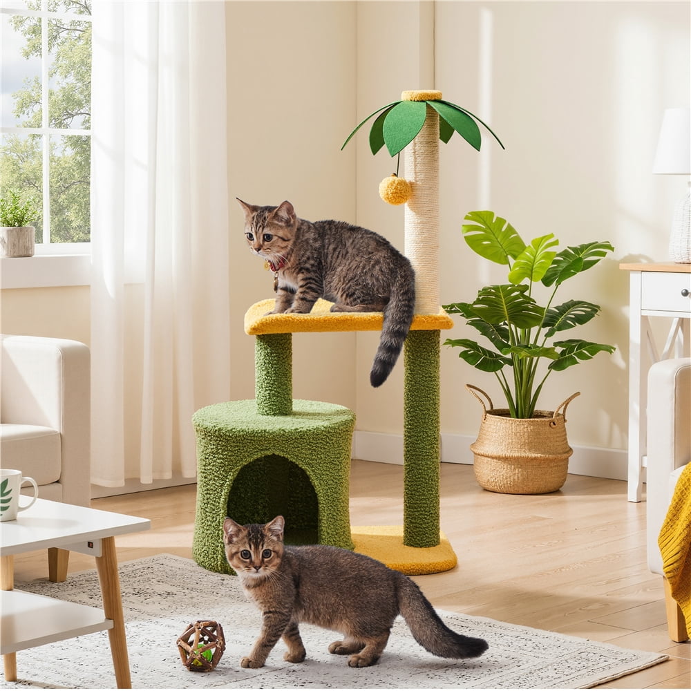 Yaheetech 37.1" Tall Coconut Palm Cat Tree with Large Condo and Scratching Post, Green/Yellow