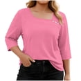 thumbnail image 4 of Fnooota Women's Plus Size T-shirts, Summer Casual Classic Asymmetrical Neck 3/4 Sleeve Tops Pink Size 2XL, 4 of 6