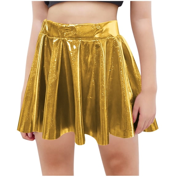 Odeerbi Kids Girls Metallic Pleated Skirt Elastic Waist Dance Party Shiny A Line Mini Skirt
