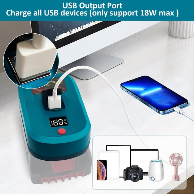 18V Lithium Battery Adapter with Digital Display, USB 5V 3A QC 18W & Type C DC 5-20V PD 3.0 65W Output, Reverse Charging Supported, Compatible with BL1830 BL1850 BL1840 BL1845 BL1815 BL1820 BL1860B,