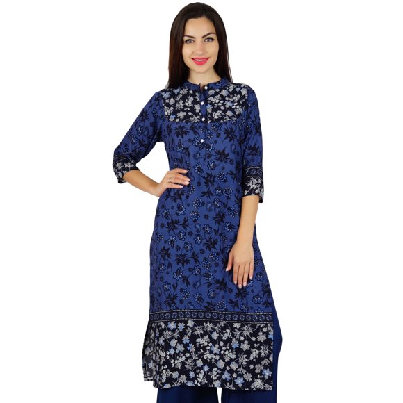 Bimba Women Blue Designer Kurta Kurti With Pockets Casual Tunic Mandarin Collar Long Blouse