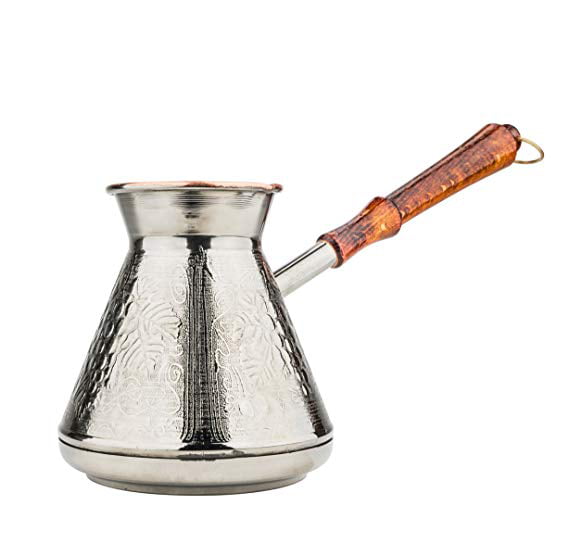 17 Oz./500 ml Thick Solid Copper Coffee Pot 1-Piece Turkish Greek Arabic Coffee Cezve Ibrik Briki Turka with Wooden Handle Grape Authentic Copper Oriental Jezve 